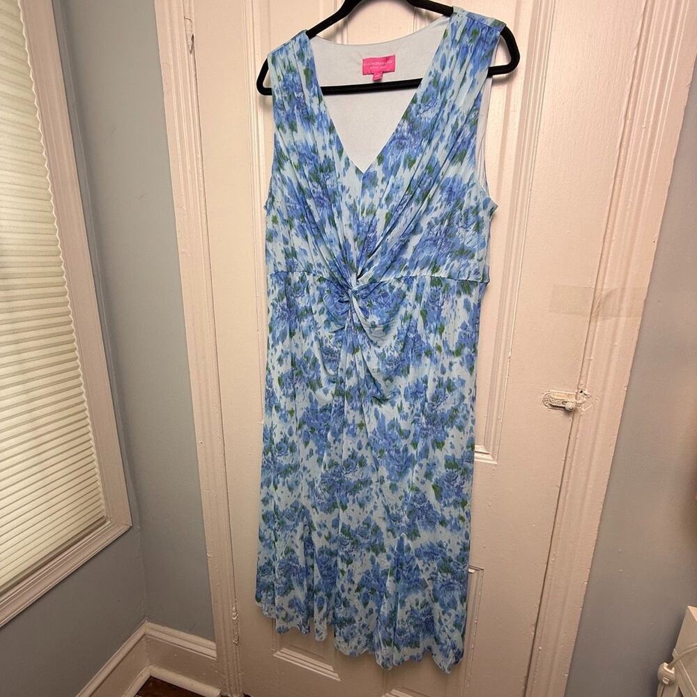Isaac Mizrahi Live! Mesh Midi Dress Blue Floral Ikat Knot Front Size 1X NWOT